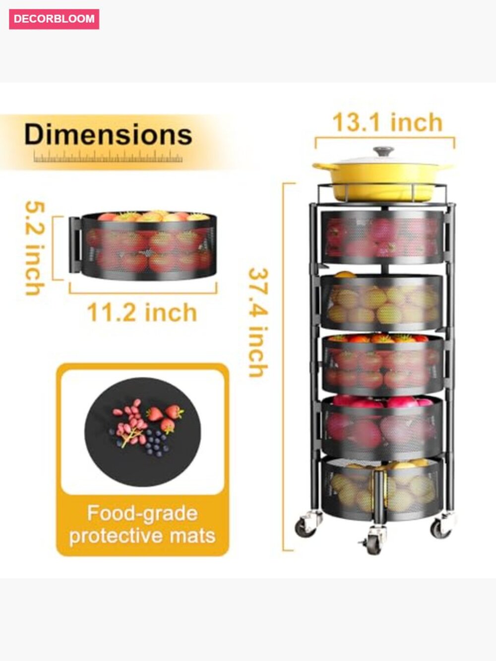 5-Tier Rotating Fruit Basket Storage Cart on Wheels with Lid - Picture 2 of 7